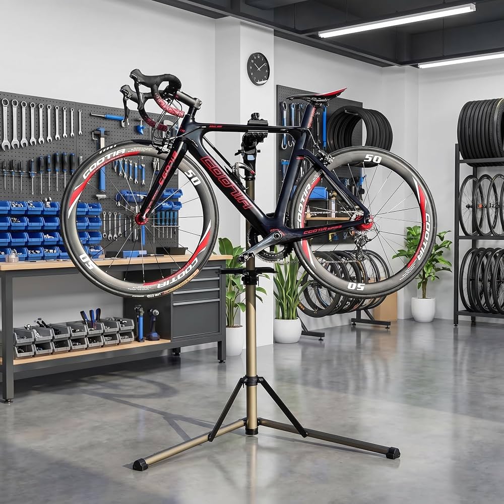 Close-up of professional bicycle repair tools and components