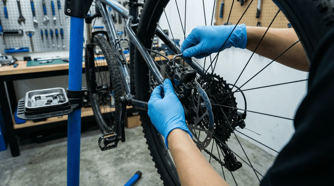 Mechanic inspecting bicycle gears and drivetrain components