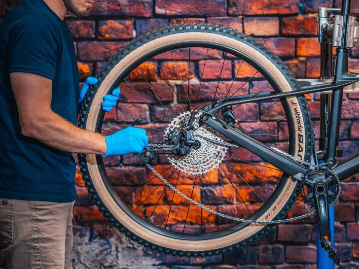 Bike mechanic checking a bicycle wheel and brake system